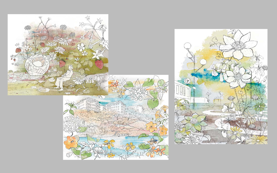 Collage av vykort med olika blomstermotiv.
