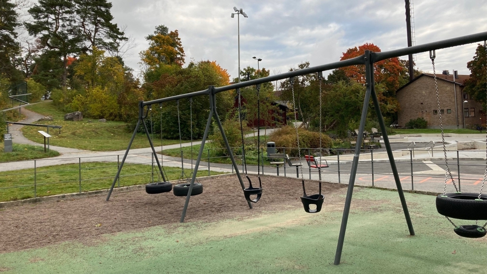 Gungor i grönskande lekplats.