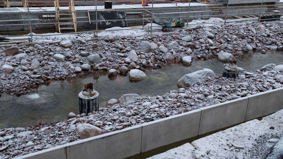 Fiskvägen vid Slussen innan den täcktes över och man ser stenarna som skapar strömvirvlarna.