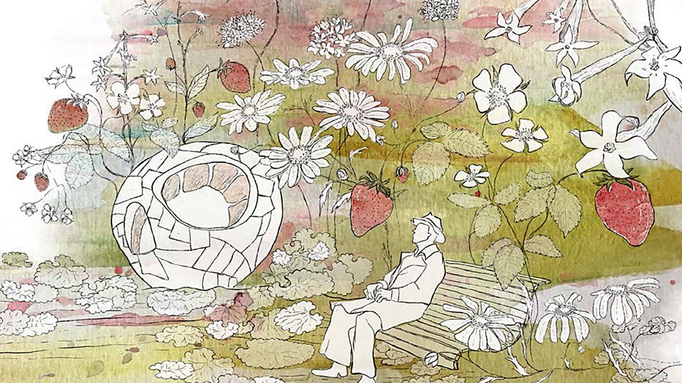 Illustration av en person som sitter i en trädgård med stora blommor och bär.