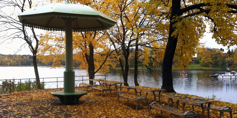 Bänkar och bord nere vid vattnet i Bellevueparken