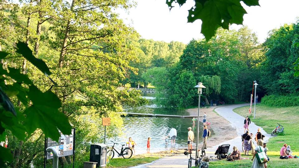 Människor badar och solar vid en sjö en solig sommardag, omgivna av grönska och träd.