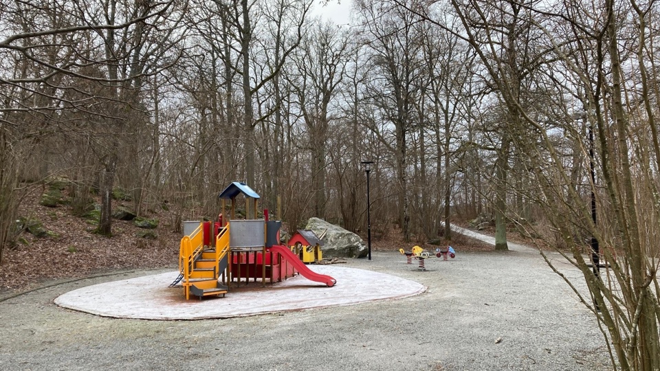 En lekplats med klätterställning, rutschkana och gungdjur. Bredvid lekplatsen finns en skog med många stora stenar.